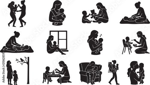 Konstfotografi Set of black silhouettes depicting a mother and her baby in various daily life s