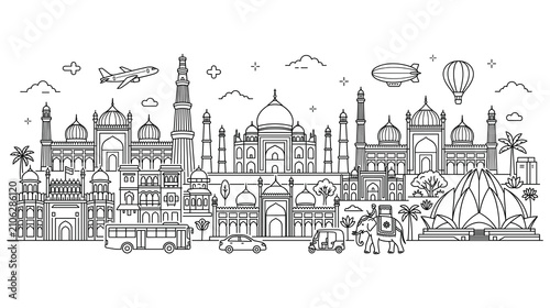 India landmark buildings city skyline with famous architecture historical monuments in line art style.