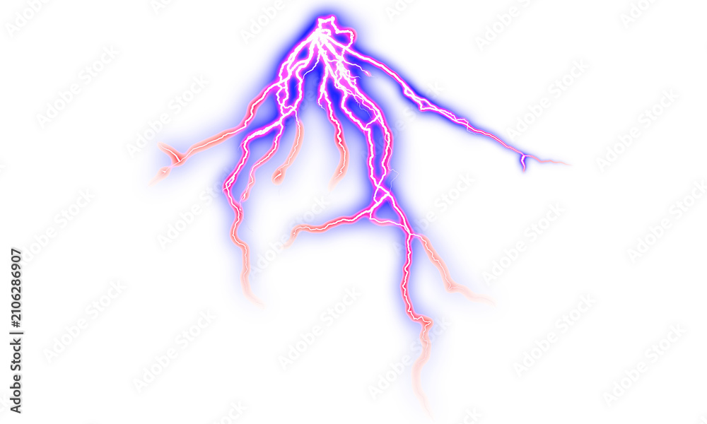 Obraz premium Purple lightning bolt effect. Electric storm discharge with neon glow isolated on transparent background. Magic energy spark graphic asset.