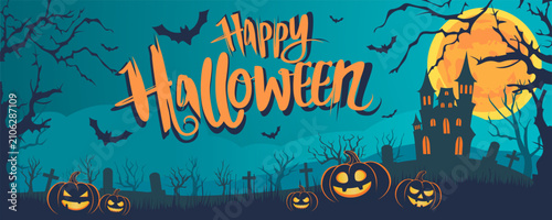 Konstfotografi Happy halloween banner or party invitation background with graveyard and pumpkins