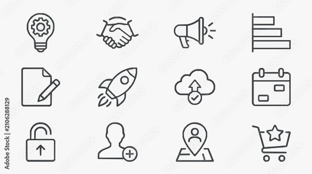 Fototapeta premium Minimalist Black and White Line Icons Set Featuring Business Technology and E commerce Concepts