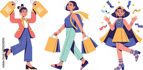 Tableau sur toile Set of three illustrated characters engaged in shopping and celebration activities: a woman holding up SALE tags, a woman walking with shopping bags, and a woman celebrating amidst confetti