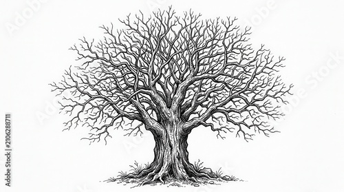 A detailed hand drawn sketch of a large old oak tree with bare branches isolated on a clean white background design