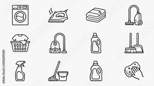 Fotografie Industrial Black and White Line Icons Set Featuring Laundry and Cleaning Equipme