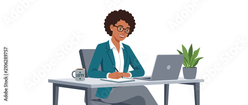 Woman working at desk with laptop and coffee