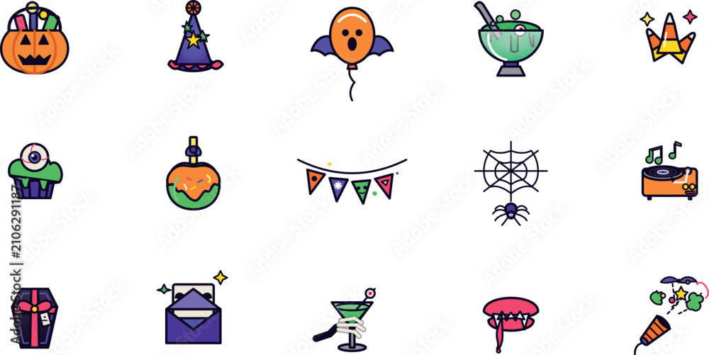 Naklejka premium A festive Halloween icon bundle set featuring spooky holiday celebration elements and cute colorful vector graphics
