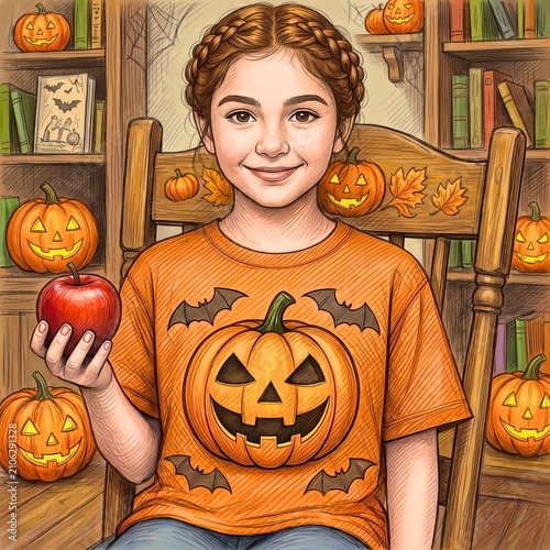 Cute red-haired girl with braids holding apple in Halloween pumpkin t-shirt sitting in library with jack-o-lanterns, autumn children's illustration