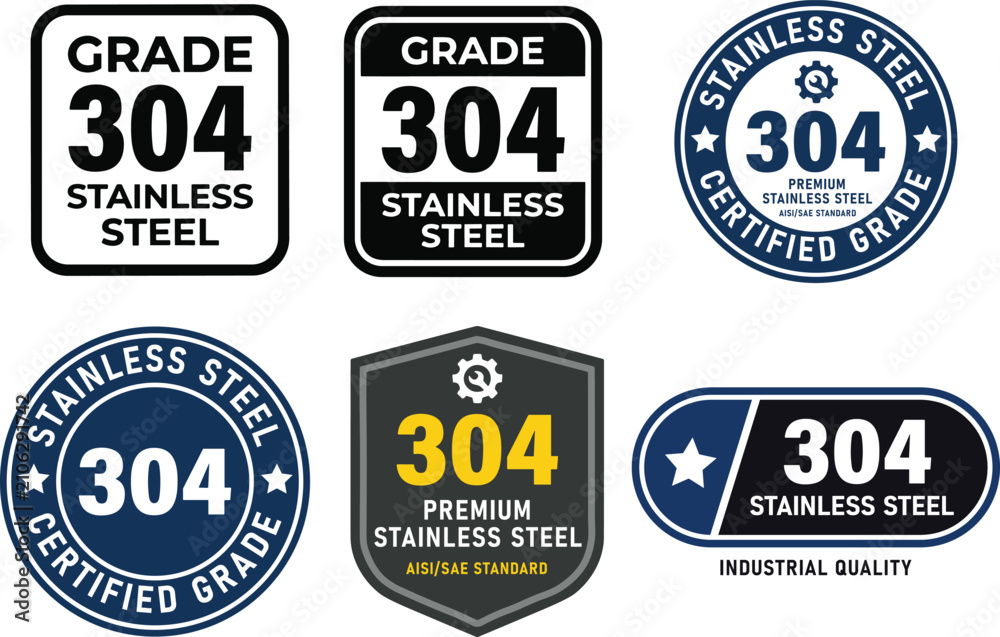 Obraz premium Grade 304 stainless steel badge collection. Premium stainless steel certification labels for industrial manufacturing, corrosion resistance, food grade materials and engineering products vector