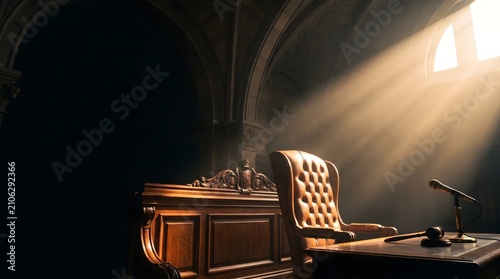 Courtroom judge bench with wooden gavel sits under bright light in historic hall