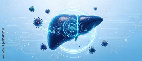 Medical research concept of liver disease, holographic human liver, virus cells and microscope, technological background for liver pathology research and hepatobiliary health detection