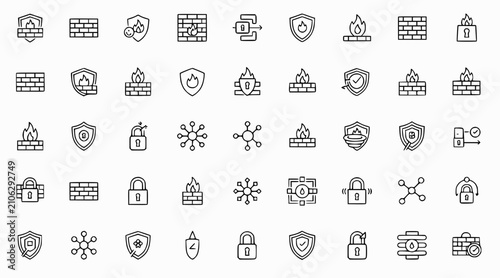 Cybersecurity Icons: Firewall, Shield, Lock, Network Icons: Security, Protection