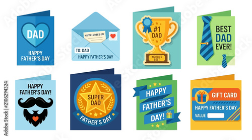 Happy Father's Day Vector Set Featuring Greeting Cards, Gift Cards, Envelopes, Badges, and Tie Designs for Celebrations