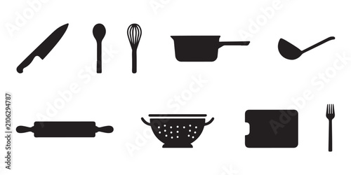 Quadro em tela Kitchen utensils and cookware silhouettes for cooking