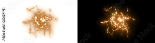 Fotografi Lightning glowing golden electric energy burst with branching power arcs for dyn
