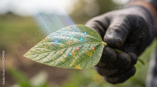 Farmer wearing gloves holding soybean leaf showing crop disease symptoms with agriculture inspection pathology cultivation vegetation agronomy agronomics horticulture environment production