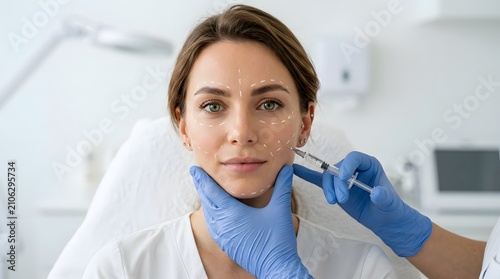 Facial rejuvenation woman receiving dermal filler injection for wrinkle reduction and skin enhancement