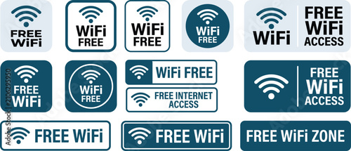 Free WiFi sign collection. Wireless internet access labels for cafes, restaurants, hotels, offices, public spaces and customer service information vector illustration.