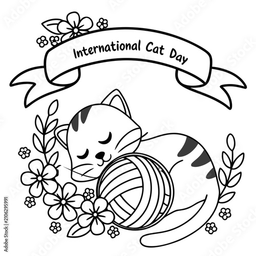 International Cute Cat Day Black and White Floral Kitten with Yarn Ball Line Art Vector Illustration