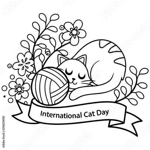 International Cute Cat Day Black and White Floral Kitten with Yarn Ball Line Art Vector Illustration