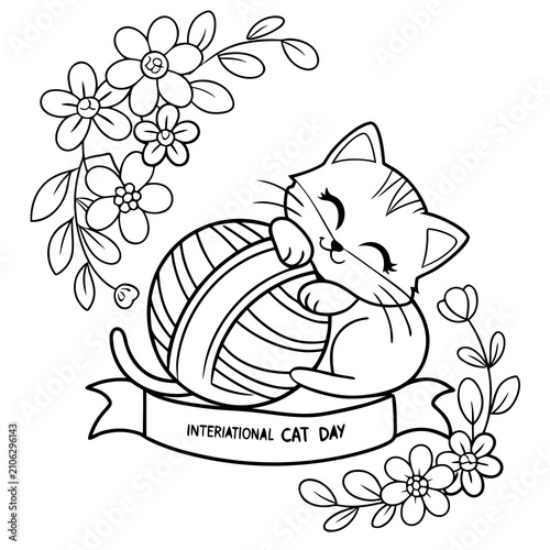 International Cute Cat Day Black and White Floral Kitten with Yarn Ball Line Art Vector Illustration
