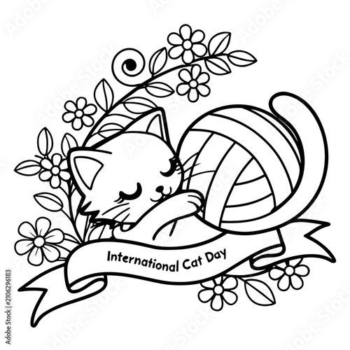 International Cute Cat Day Black and White Floral Kitten with Yarn Ball Line Art Vector Illustration