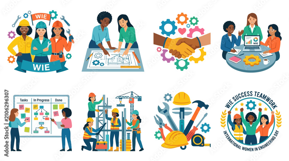 Fototapeta premium Vector Set Celebrating Women in Engineering and Diverse Teams Collaborating in Business Settings, Construction, and Problem-Solving Scenarios