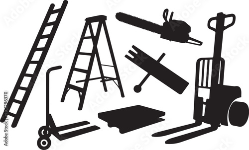 Industrial tools collection, construction equipment, hand truck, pallet jack, chainsaw, stepladder, warehouse gear, lumberjack.