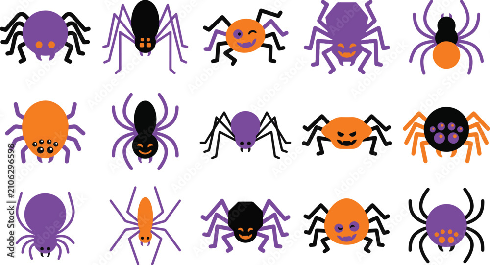 Obraz premium Halloween spider vector illustration set cute spooky cartoon arachnid insect characters in black orange purple