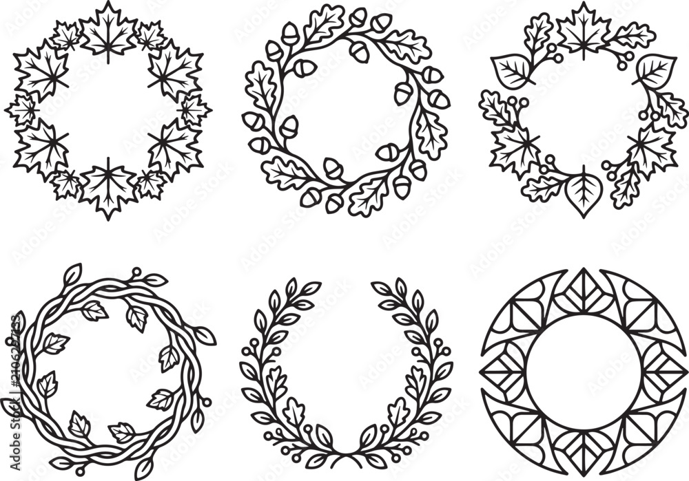 Fototapeta premium Autumn leaf wreath and floral border line icon set