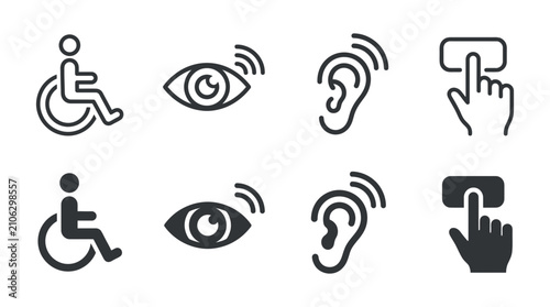 Universal accessibility and sensory interface icon collection including wheelchair ear eye and touch input symbols