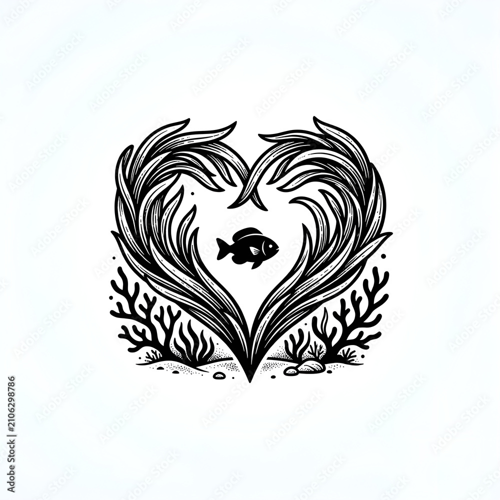 Fototapeta premium Minimalist black and white conceptual icon combining a heart shape with coral reefs and seagrass blades, symbolizing a sanctuary for vibrant marine life and ocean conservation. 
