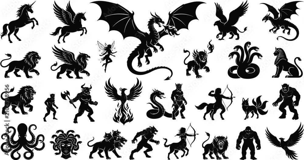 Fototapeta premium Mythological Creatures and Fantasy Monsters Silhouettes Vector Set Featuring Dragon Phoenix Pegasus Griffin and Minotaur