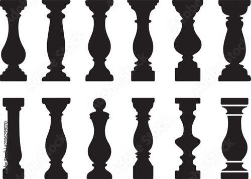Set of black silhouette balusters isolated on transparency grid background, various architectural pillars, railings.