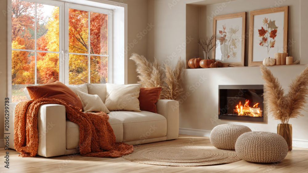 Obraz premium Cozy living room interior with autumn view through window and warm fireplace