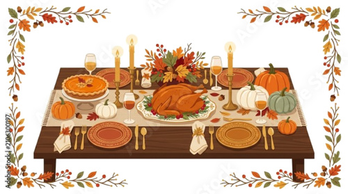 Elegant Thanksgiving dinner invitation poster, festive table setting with turkey, pie, candles, pumpkins, and autumn leaves, clean white background, sophisticated flat vector design. 