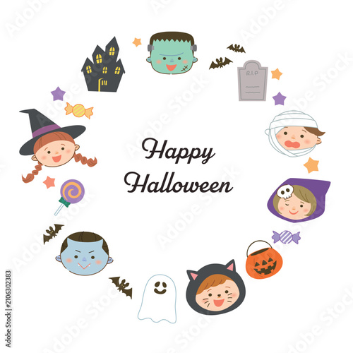 Tapety artystyczne かわいいハロウィンキャラクターの円形フレーム Happy Halloween イラスト素材