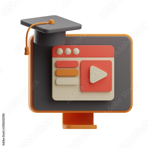 A 3D illustration of a computer interface featuring a graduation cap and a play button, symbolizing online learning and education.