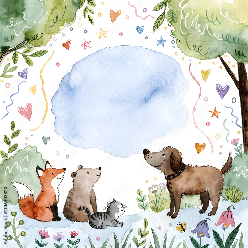 Obraz premium Cute watercolor forest animals gathered under empty cloud banner. Greeting card background and kids illustration template. Fox bear cat and dog looking up inside wood clearing