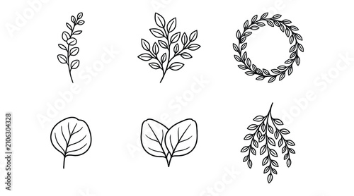 Botanical Leaf Icon Set – Branch, Wreath and Foliage Line Icons
Botanical leaf icon set featuring branch, wreath and foliage sprig line icons. Perfect for nature, floral design, wedding invitation and
