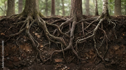 Intricate forest tree roots on dark soil ground. Snaking wood grain texture and branches. Natural woodland background for design or documentary.