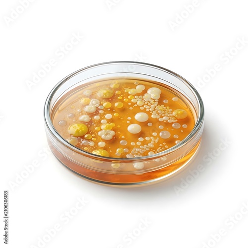 Petri dish with bacterial culture. Scientific agar plate with growing microbial colonies.