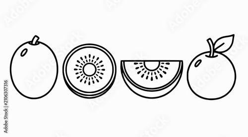 Vector Outline Fruits: Kiwi Slice, Whole Kiwi, Apple with Leaf