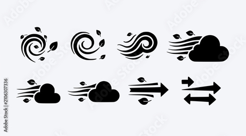 Wind Icons Set: Weather Symbols, Air Flow, Cloud, Leaves, Arrows
