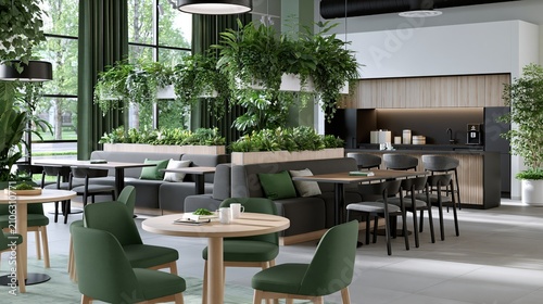 Modern office break room with abundant natural light and lush green plants creating a biophilic design