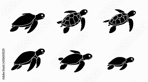 Set of Silhouettes: Various Turtle Poses, Simple Vector Graphics