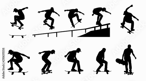Skateboarder silhouette set, action, tricks, grind rail, jump, extreme sports lifestyle
