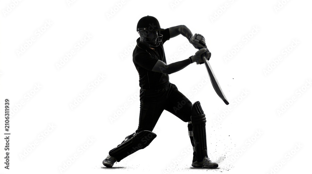Fototapeta premium A silhouette of a cricket player swinging a bat to hit a ball during a professional match on a plain white background