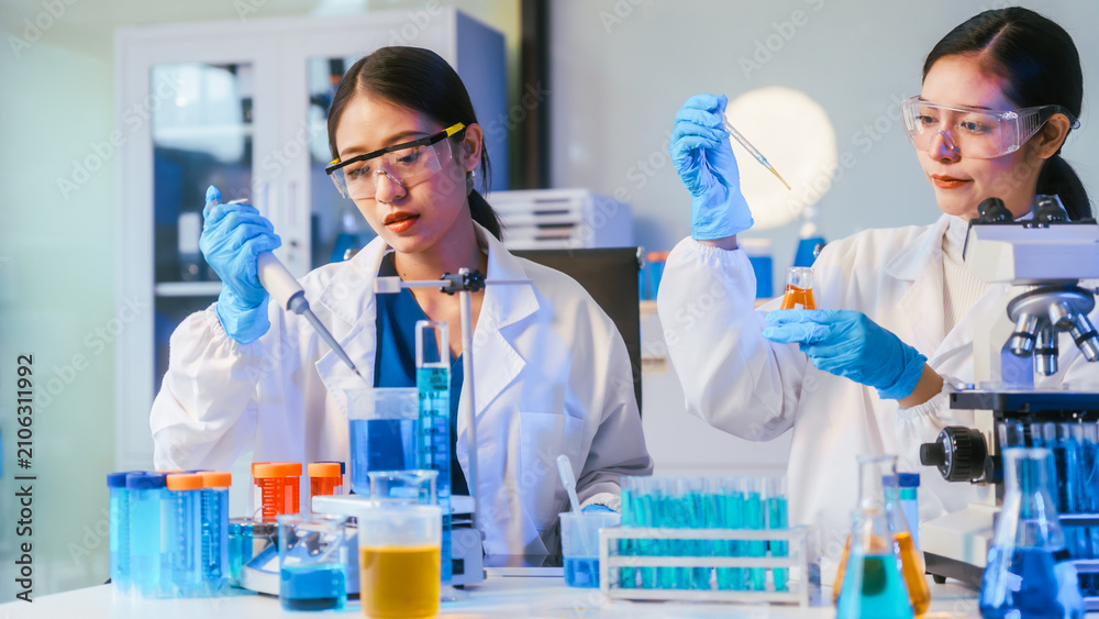 Fototapeta premium Two female scientists in lab coats and gloves use pipettes and microscope among test tubes and glassware in a modern laboratory.