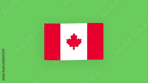 Animated cartoon formation and gentle waving loop of the Canada national flag with red maple leaf on a green screen chroma key background