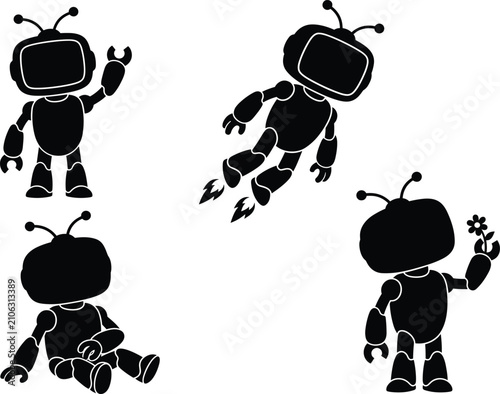 Fotografie Cute Retro Television Head Robot Character Silhouette Set with Waving Flying Sit